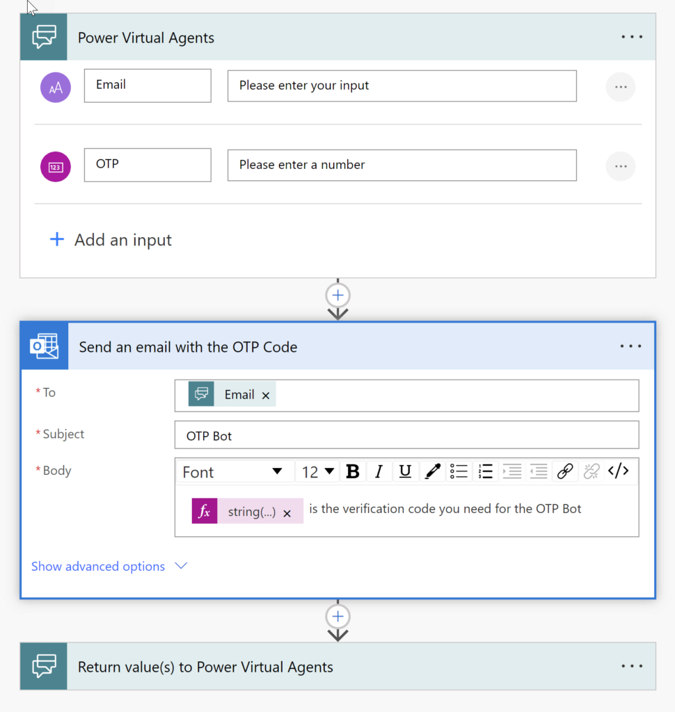 Power Virtual Agents - Power Automate Flow to email OTP code
